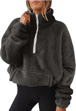 1/4 Zip Sherpa Pullover Womens Fuzzy Fleece Half Zip Pullover Oversized Zip Up Hoodie Quarter Zip Cropped Sweatshirt