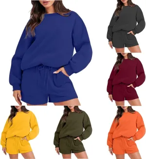 2 Piece Outfits Sweatsuit For Women Oversized Crewneck Sweatshirt & Lounge Shorts Set 2023 Fall Fashion Tracksuit