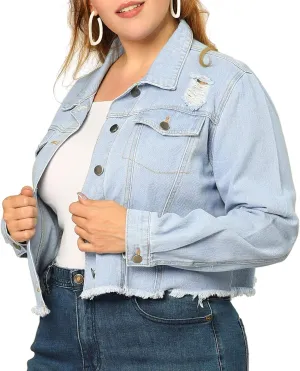 Agnes Orinda Women's Plus Size Denim Jackets Washed Button Front Long Sleeve Ripped Frayed Crop Denim Jacket