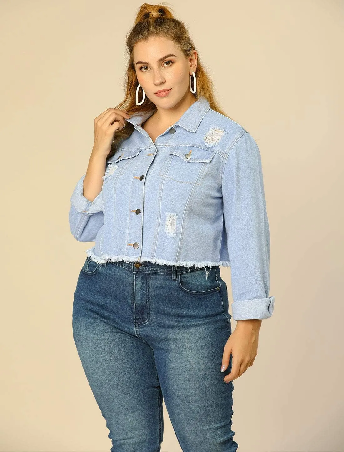 Agnes Orinda Women's Plus Size Denim Jackets Washed Button Front Long Sleeve Ripped Frayed Crop Denim Jacket