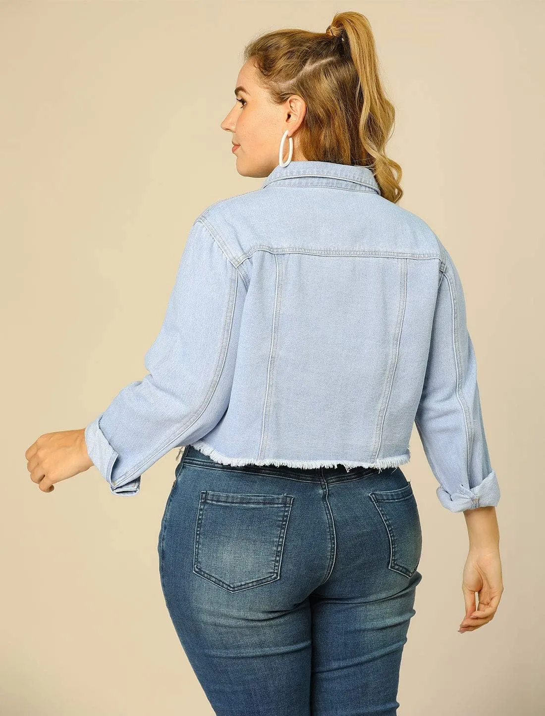 Agnes Orinda Women's Plus Size Denim Jackets Washed Button Front Long Sleeve Ripped Frayed Crop Denim Jacket