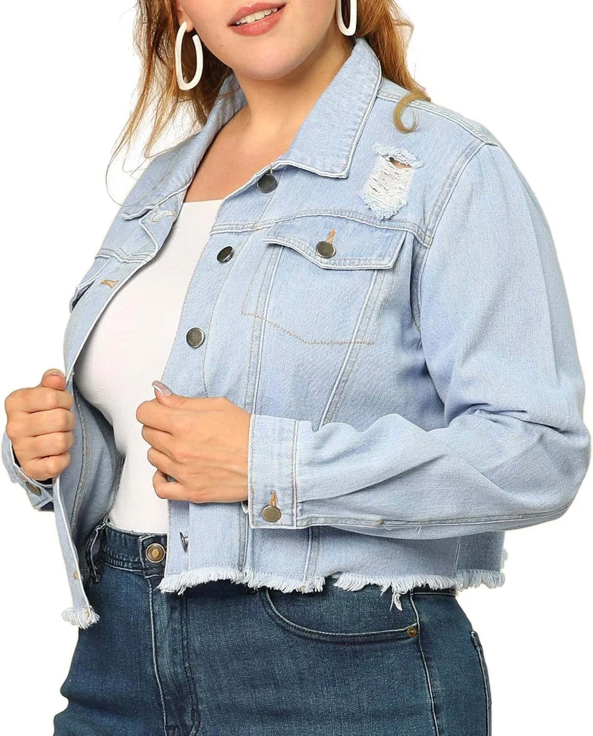 Agnes Orinda Women's Plus Size Denim Jackets Washed Button Front Long Sleeve Ripped Frayed Crop Denim Jacket