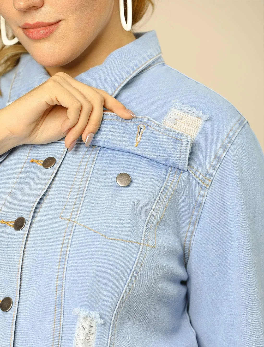 Agnes Orinda Women's Plus Size Denim Jackets Washed Button Front Long Sleeve Ripped Frayed Crop Denim Jacket