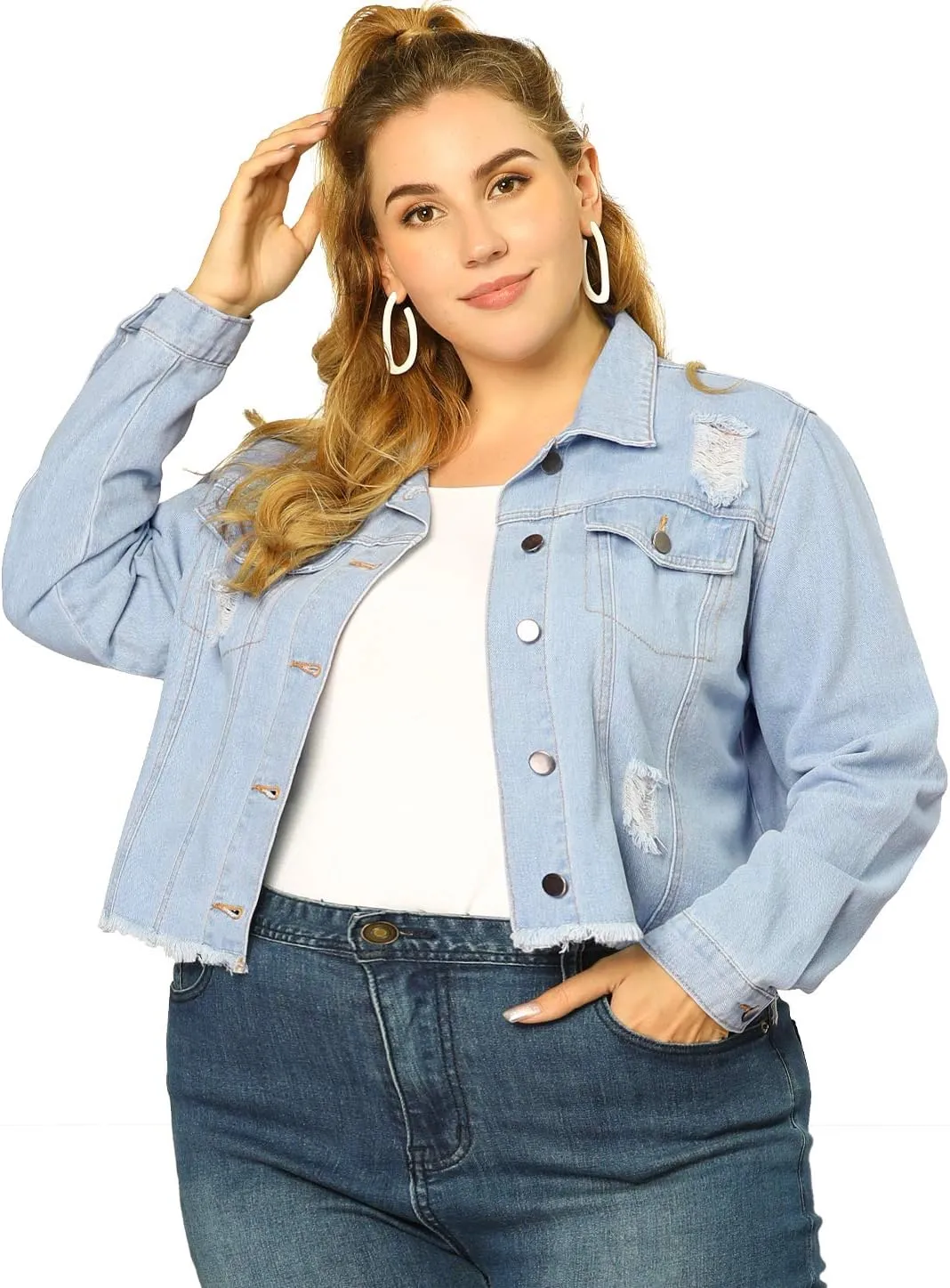 Agnes Orinda Women's Plus Size Denim Jackets Washed Button Front Long Sleeve Ripped Frayed Crop Denim Jacket