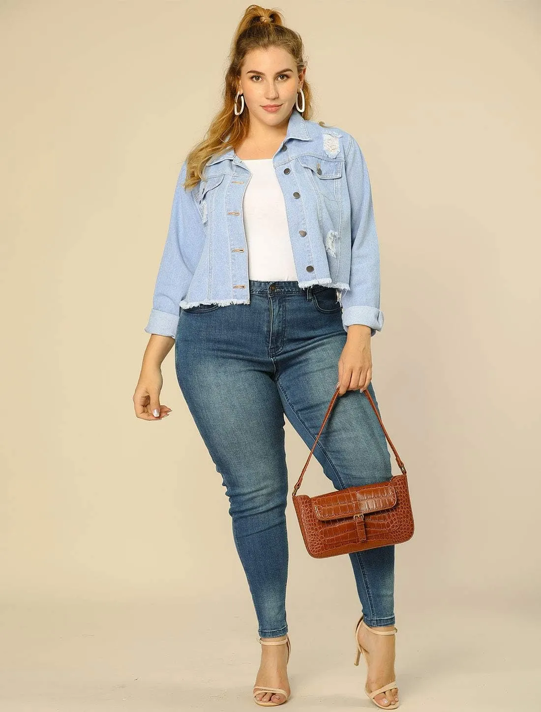 Agnes Orinda Women's Plus Size Denim Jackets Washed Button Front Long Sleeve Ripped Frayed Crop Denim Jacket