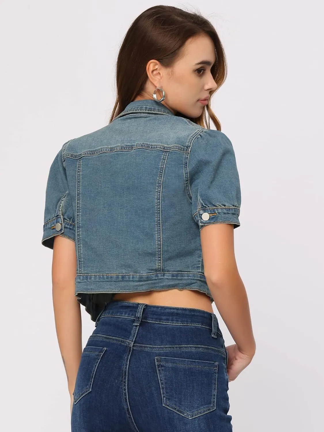 Allegra K Women's Casual Denim Jackets Button-Down Puff Sleeve Jean Crop Jacket