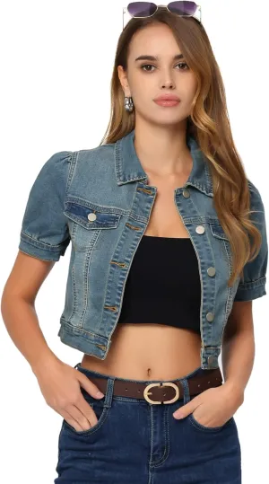 Allegra K Women's Casual Denim Jackets Button-Down Puff Sleeve Jean Crop Jacket