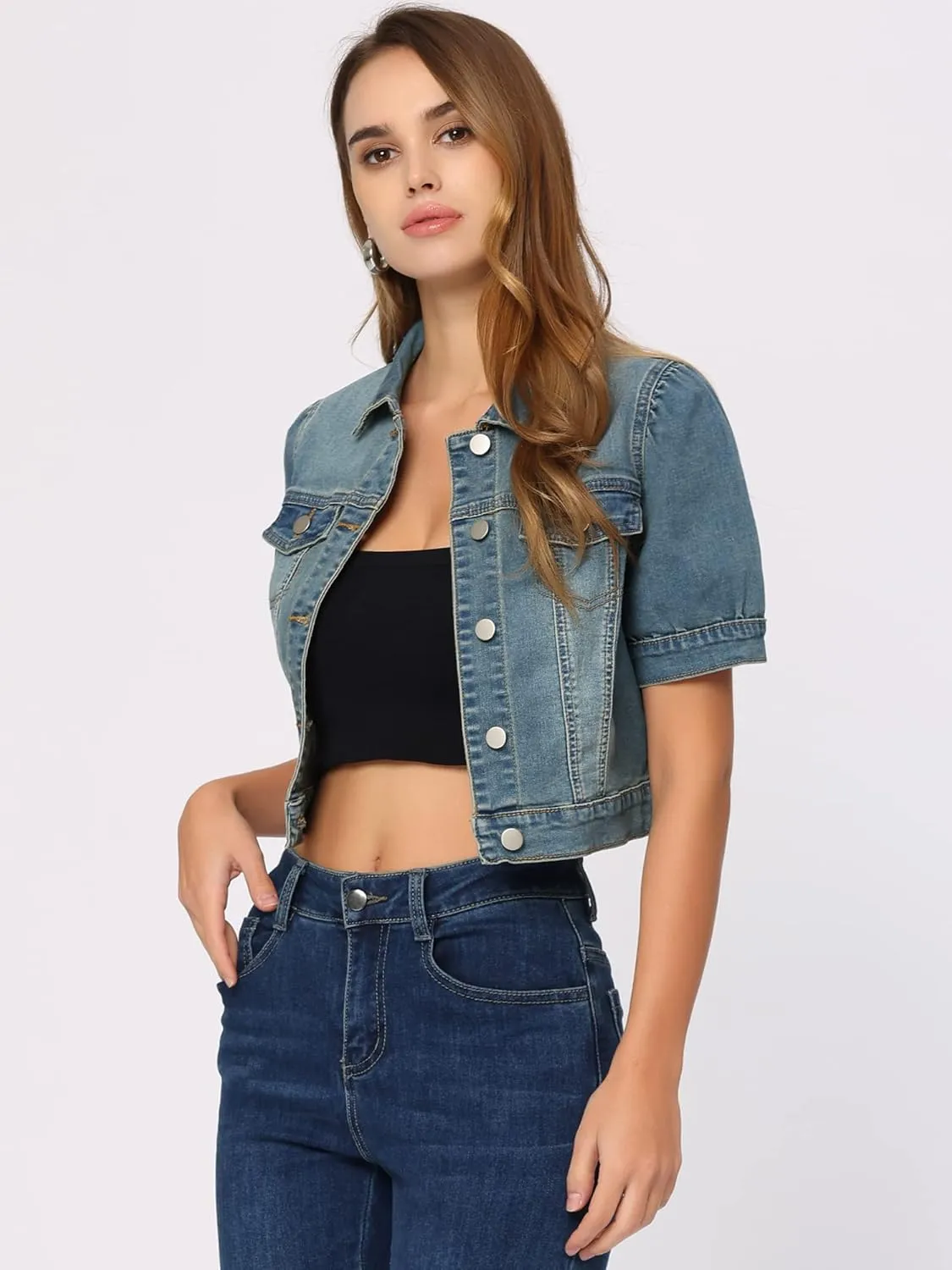 Allegra K Women's Casual Denim Jackets Button-Down Puff Sleeve Jean Crop Jacket