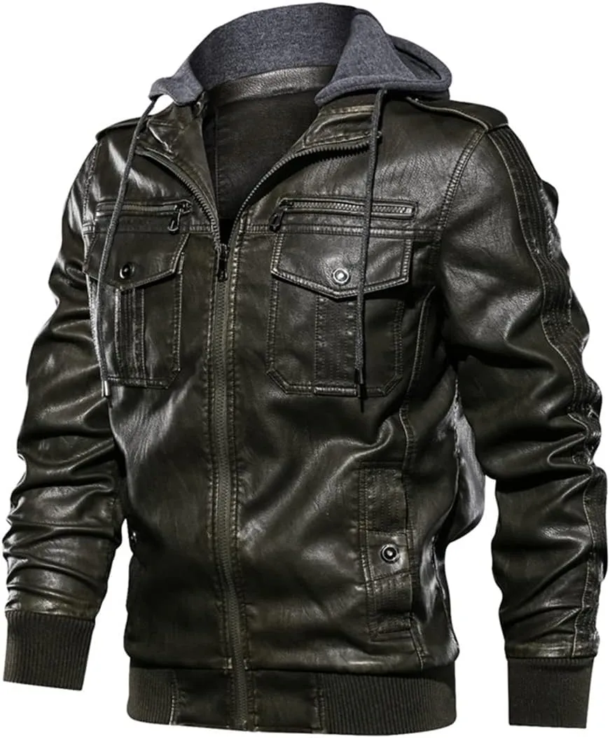 Alloaone Men PU Military Leather Jacket Hooded Motorcycle PU Leather Jackets Coats