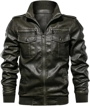 Alloaone Men PU Military Leather Jacket Hooded Motorcycle PU Leather Jackets Coats