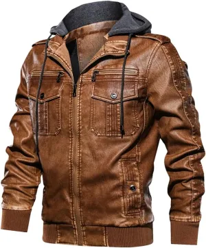 Alloaone Men PU Military Leather Jacket Hooded Motorcycle PU Leather Jackets Coats