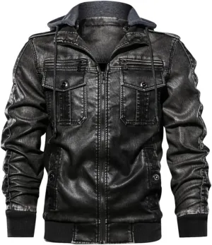 Alloaone Men PU Military Leather Jacket Hooded Motorcycle PU Leather Jackets Coats