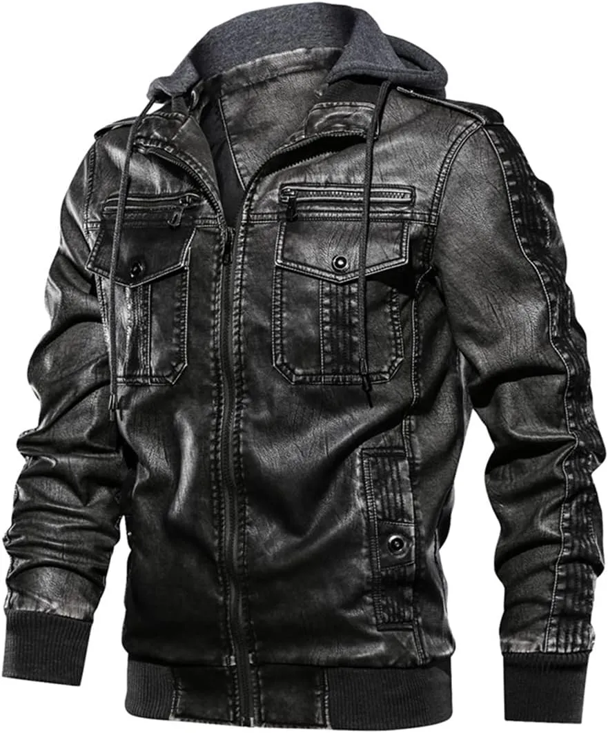 Alloaone Men PU Military Leather Jacket Hooded Motorcycle PU Leather Jackets Coats