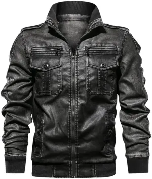 Alloaone Men PU Military Leather Jacket Hooded Motorcycle PU Leather Jackets Coats