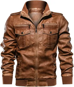 Alloaone Men PU Military Leather Jacket Hooded Motorcycle PU Leather Jackets Coats