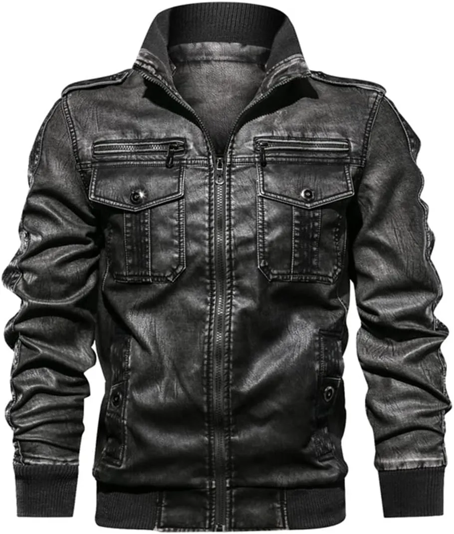 Alloaone Men PU Military Leather Jacket Hooded Motorcycle PU Leather Jackets Coats