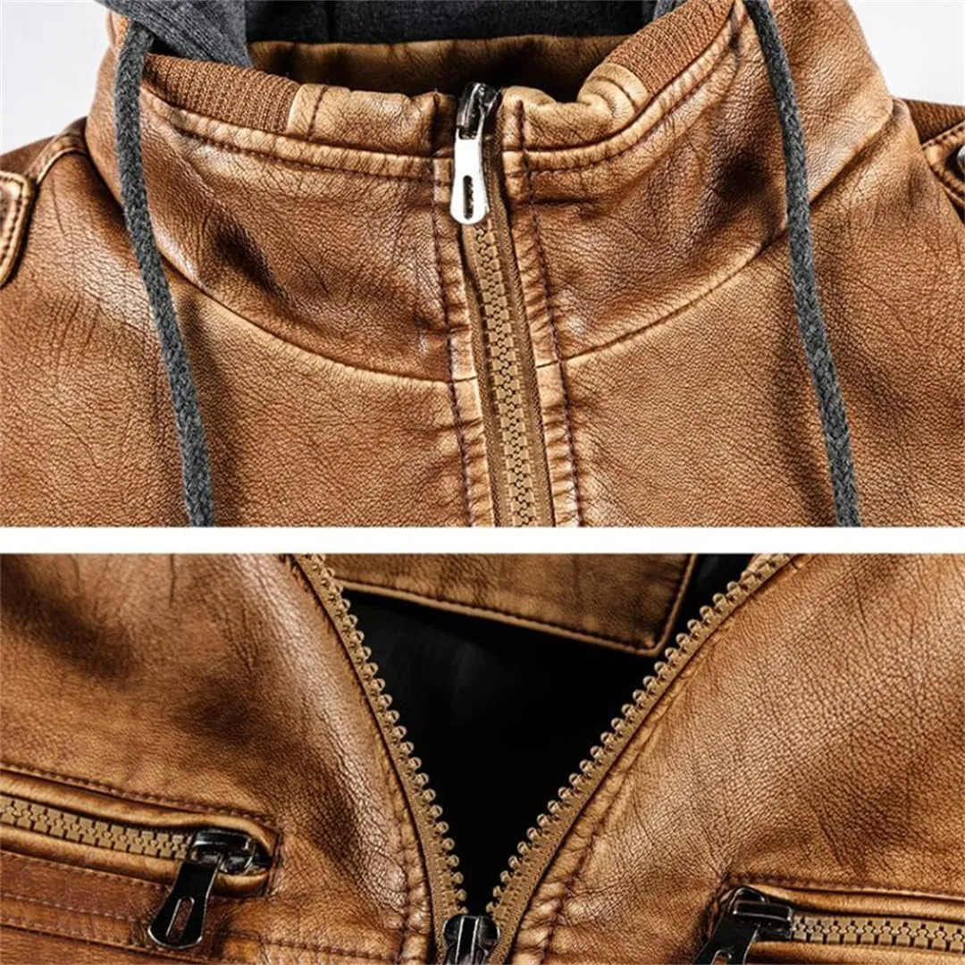Alloaone Men PU Military Leather Jacket Hooded Motorcycle PU Leather Jackets Coats