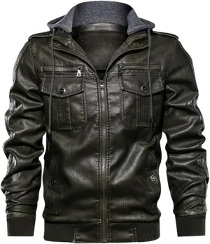 Alloaone Men PU Military Leather Jacket Hooded Motorcycle PU Leather Jackets Coats