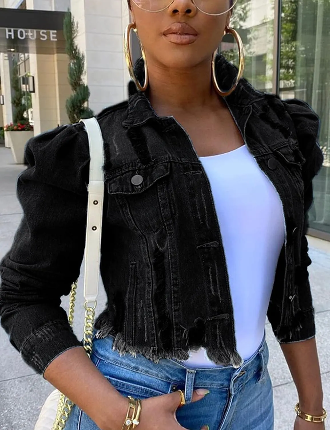 AMEBELLE Jean Jacket for Women Long Puff Sleeve Distressed Crop Denim Jackets Top