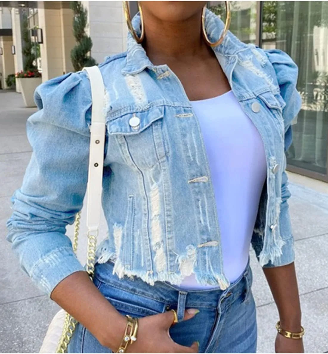 AMEBELLE Jean Jacket for Women Long Puff Sleeve Distressed Crop Denim Jackets Top