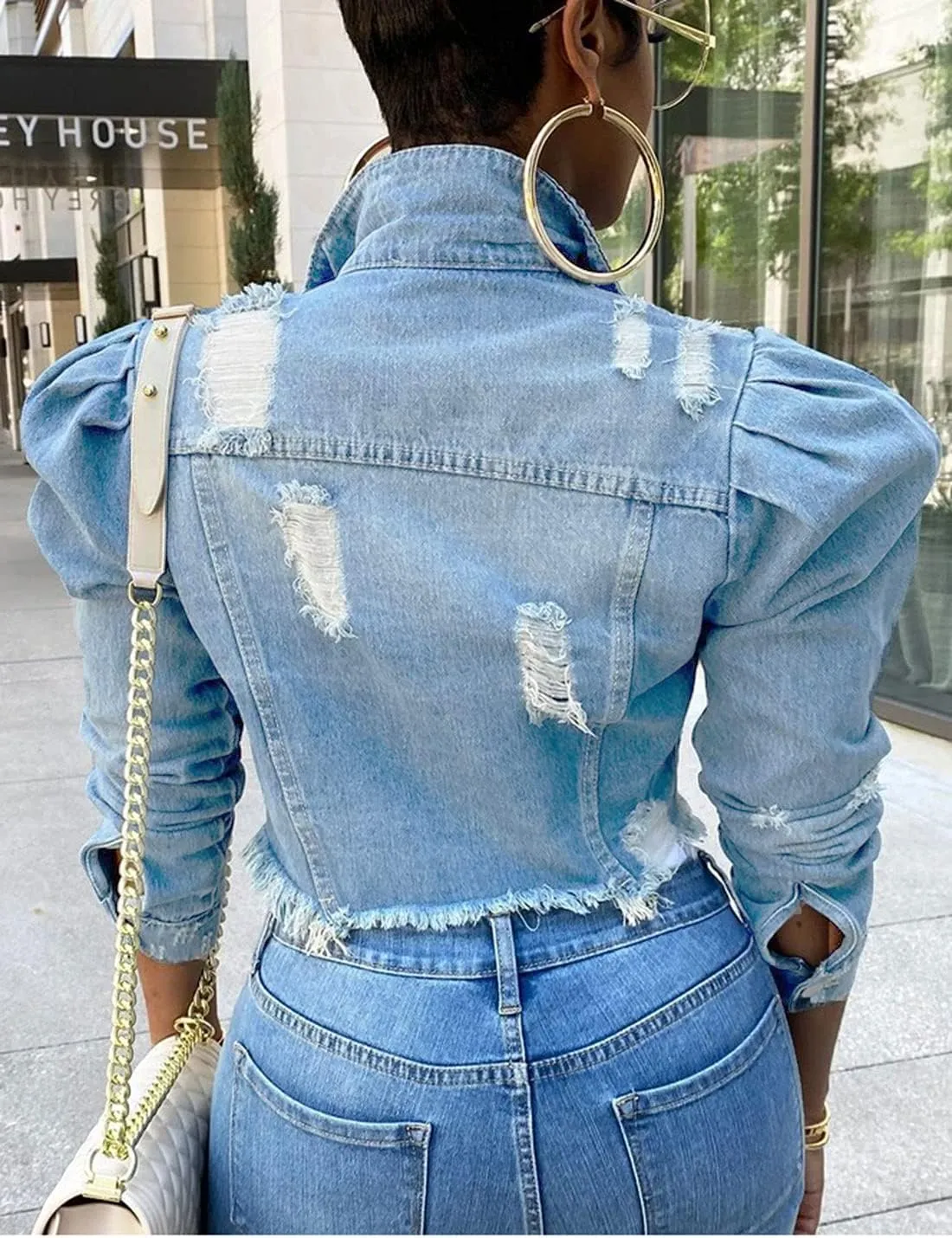 AMEBELLE Jean Jacket for Women Long Puff Sleeve Distressed Crop Denim Jackets Top