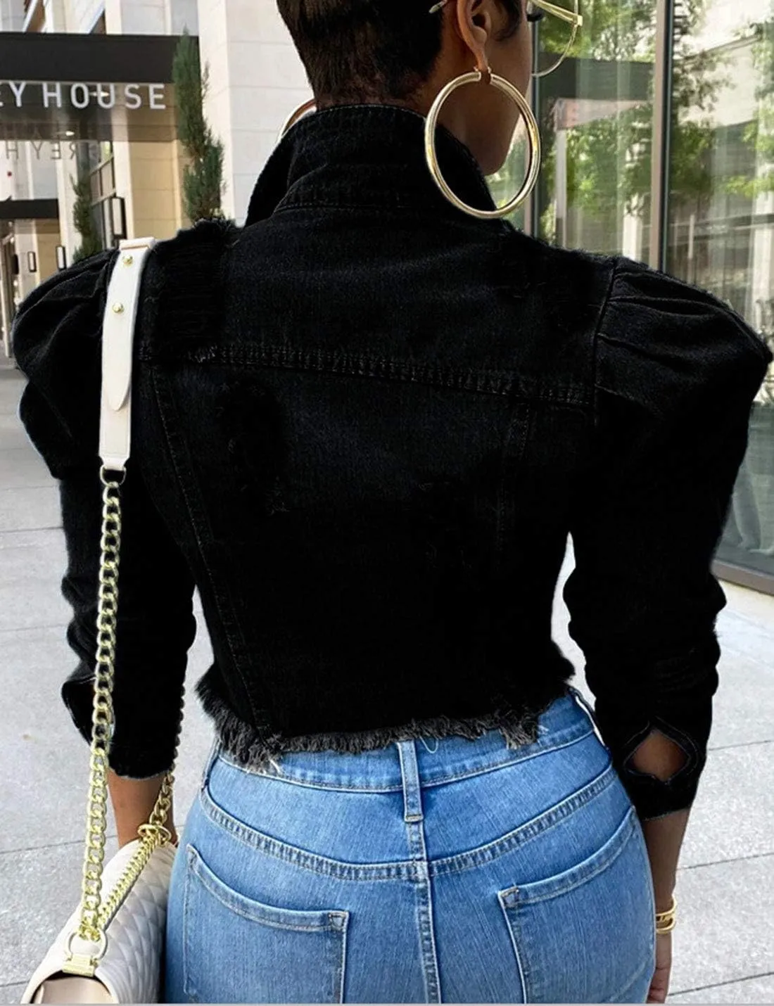 AMEBELLE Jean Jacket for Women Long Puff Sleeve Distressed Crop Denim Jackets Top