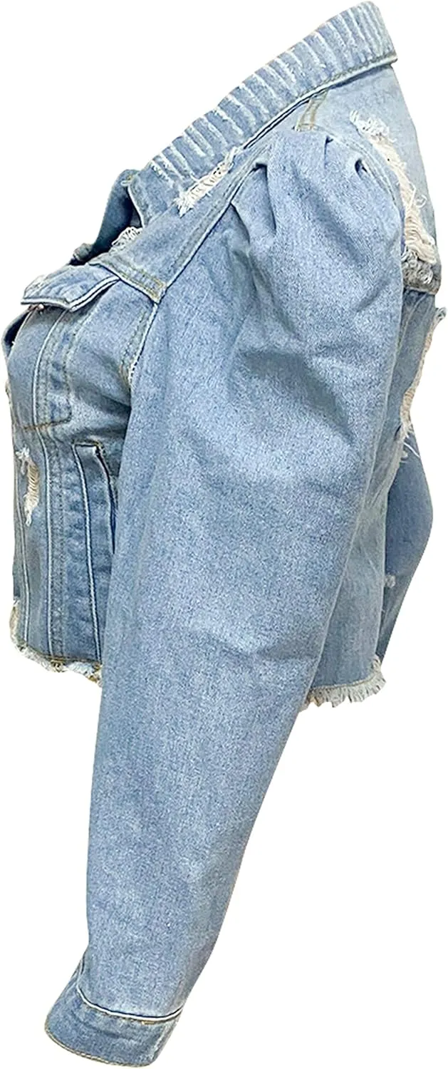 AMEBELLE Jean Jacket for Women Long Puff Sleeve Distressed Crop Denim Jackets Top