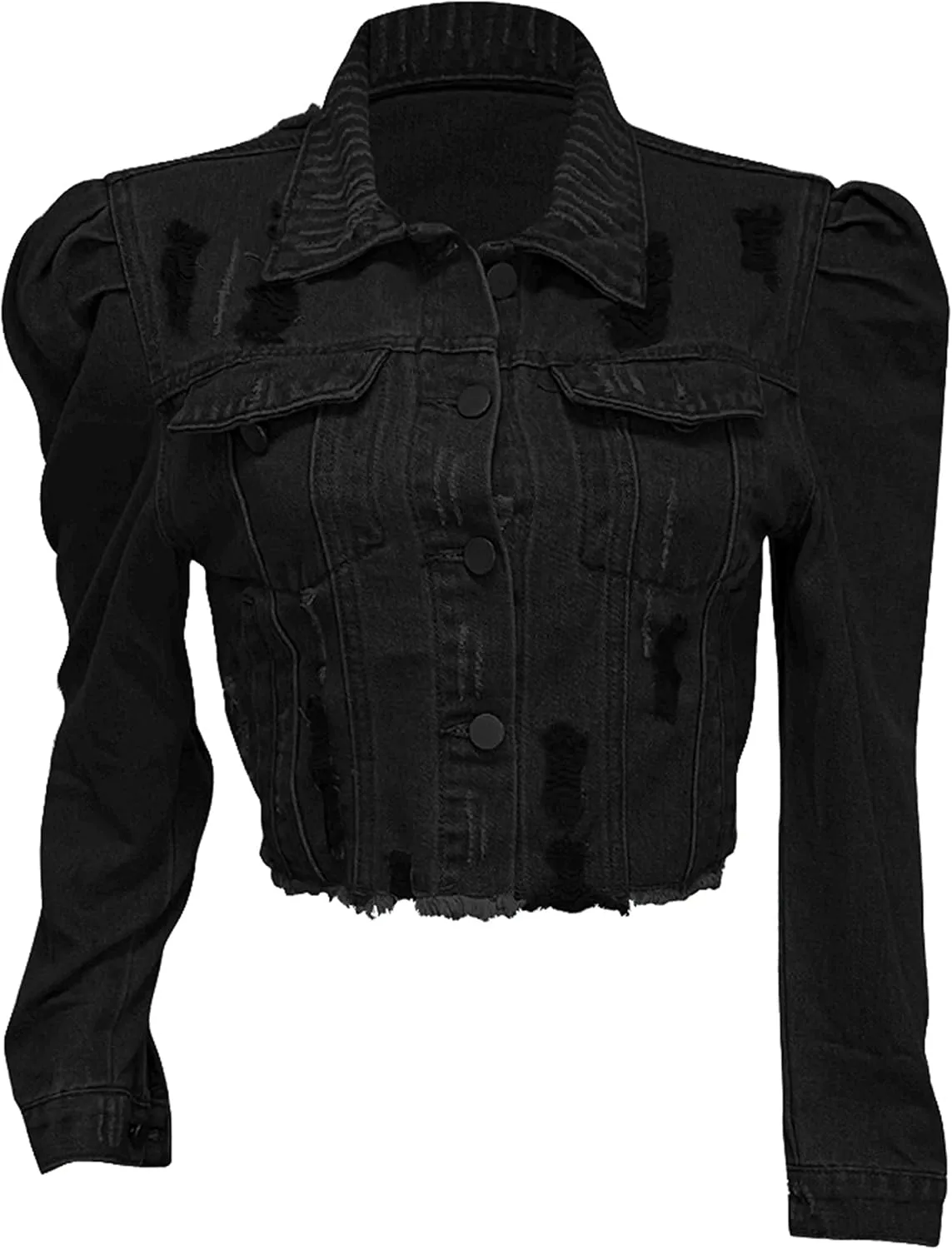 AMEBELLE Jean Jacket for Women Long Puff Sleeve Distressed Crop Denim Jackets Top