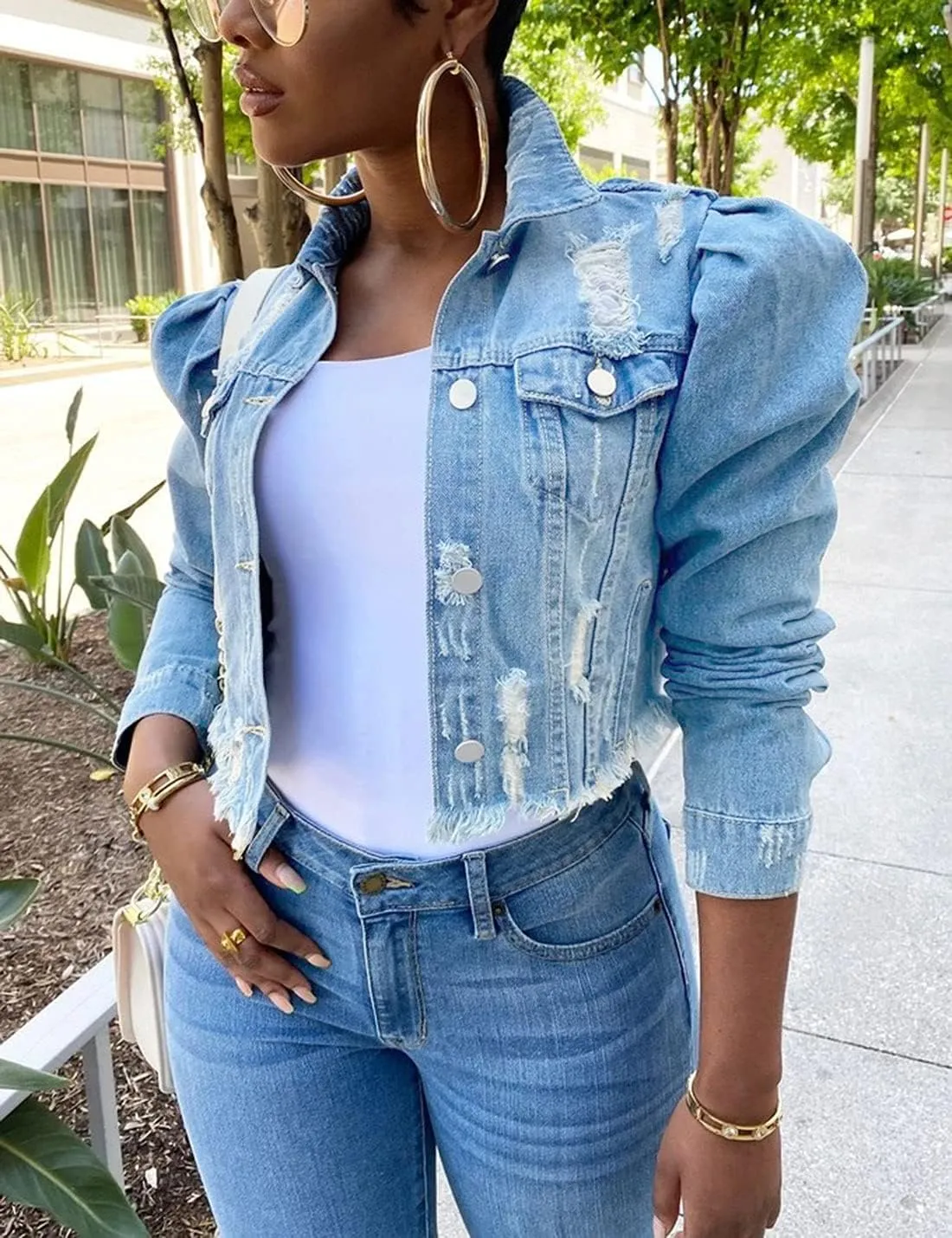 AMEBELLE Jean Jacket for Women Long Puff Sleeve Distressed Crop Denim Jackets Top