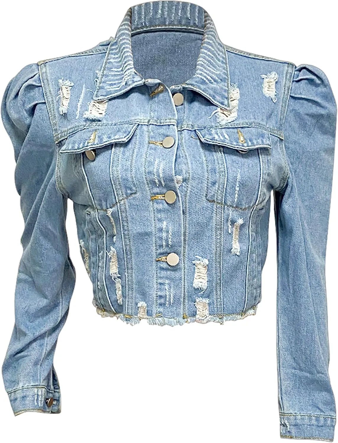 AMEBELLE Jean Jacket for Women Long Puff Sleeve Distressed Crop Denim Jackets Top