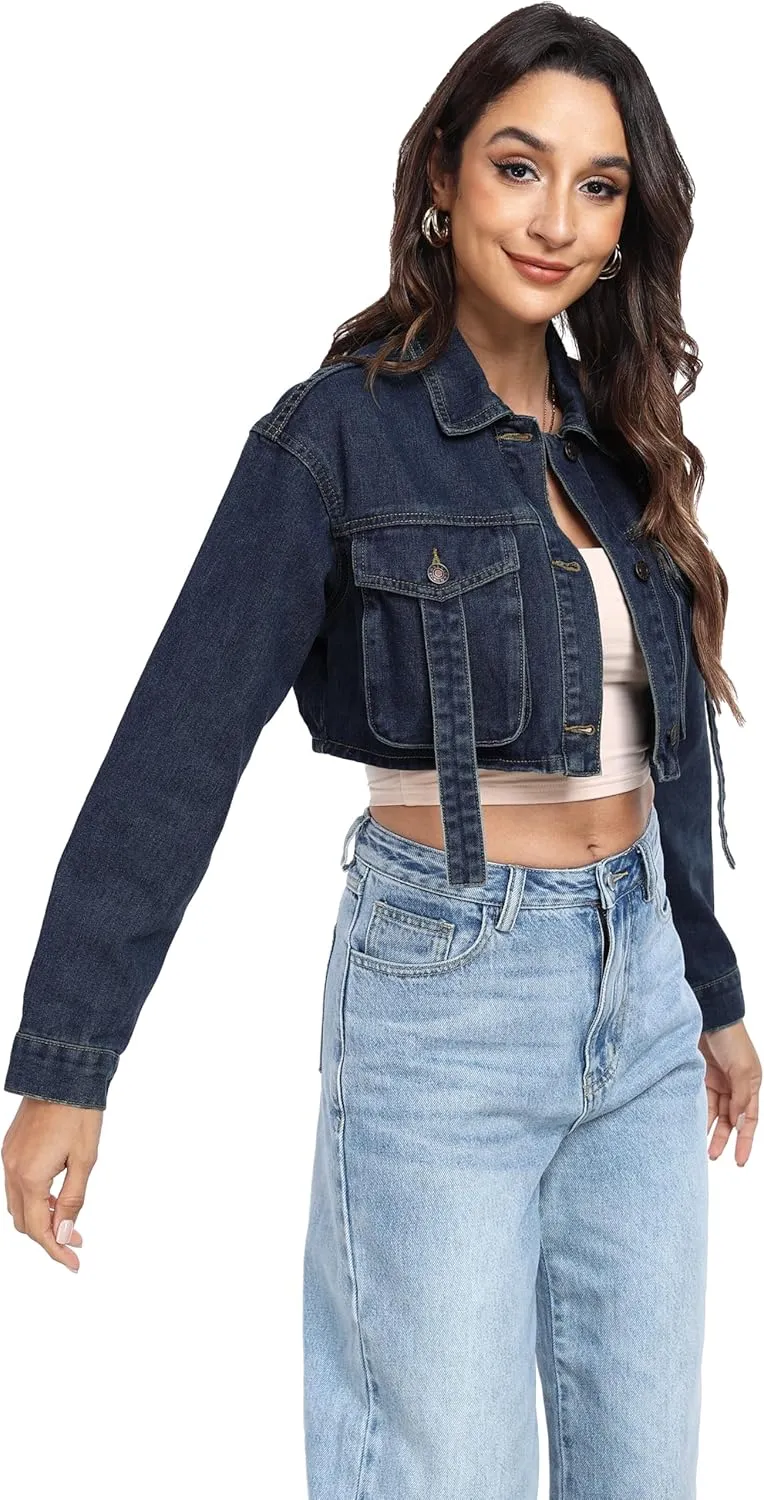 andy & natalie Womens Jean Jacket Cropped Fashion Button Down Denim Jackets Short Shacket Outfit