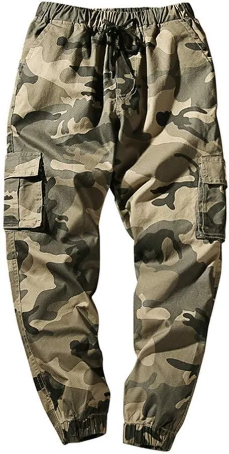 Astellarie Mens Casual Camo Joggers Slim Fit Multi-Pockets Cargo Pants with Drawstring