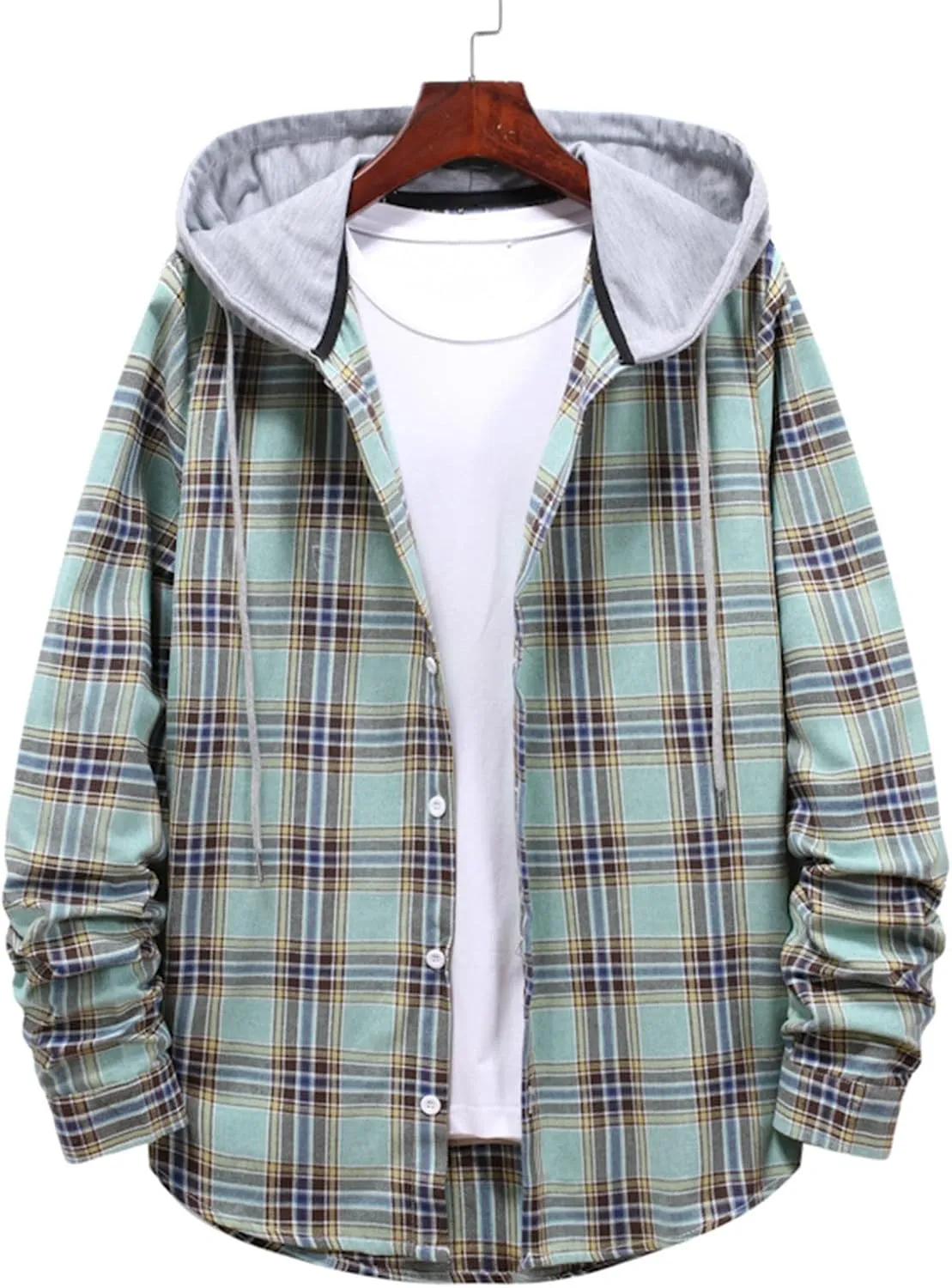 Aymnlox Hoodies for Men Fashion Long Sleeve Plaid Button Shirts Jacket With Hood Casual Stylish Drawstring Sweatshirts 2024