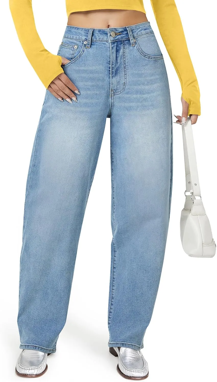 Barrel Jeans for Women, High Waisted Wide Straight Leg Boyfriend Microelastic Womens Mom Jeans