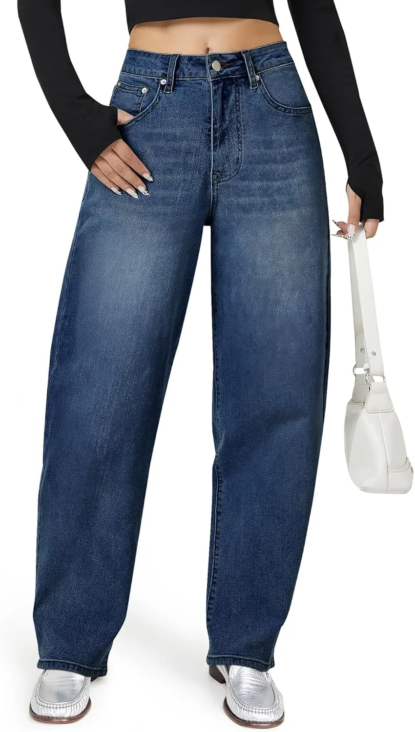 Barrel Jeans for Women, High Waisted Wide Straight Leg Boyfriend Microelastic Womens Mom Jeans