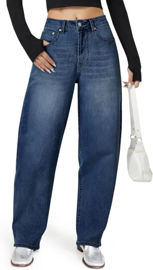 Barrel Jeans for Women, High Waisted Wide Straight Leg Boyfriend Microelastic Womens Mom Jeans