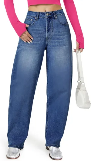 Barrel Jeans for Women, High Waisted Wide Straight Leg Boyfriend Microelastic Womens Mom Jeans