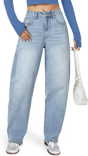 Barrel Jeans for Women, High Waisted Wide Straight Leg Boyfriend Microelastic Womens Mom Jeans