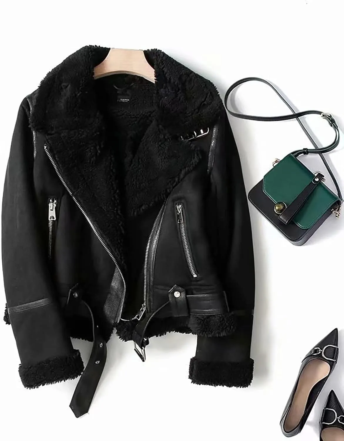 BAXLIMEK Faux Leather Jacket For Women,2023 Fall Winter Trendy Thicken Warm Lapel Shaggy Fuzzy Fleece Lined Sherpa Jackets