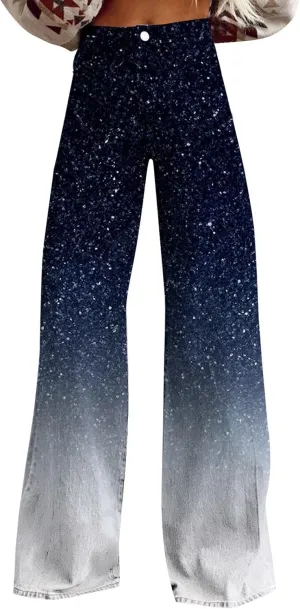 Bell Bottom Jeans for Women,High Waisted Loose Flared Jeans Vintage Floral Print Wide Leg Pants Colorful Trouser