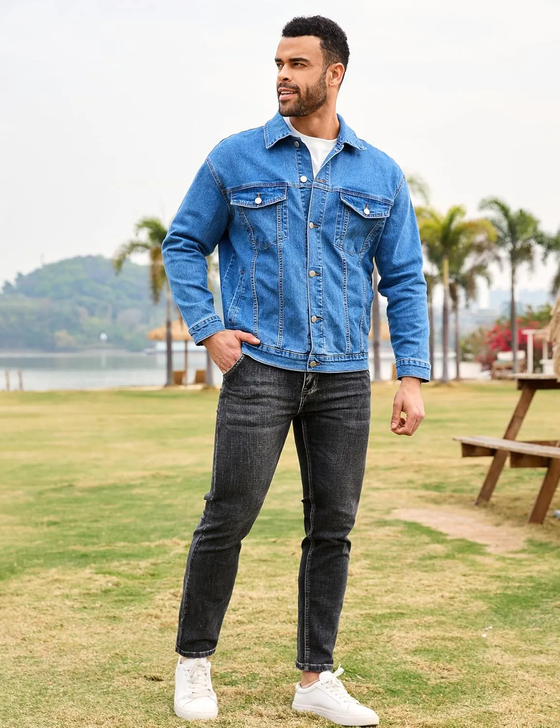 Bindefon Denim Jackets for Men Trucker Jean Jacket Unlined Coats Spring Fall Outfits