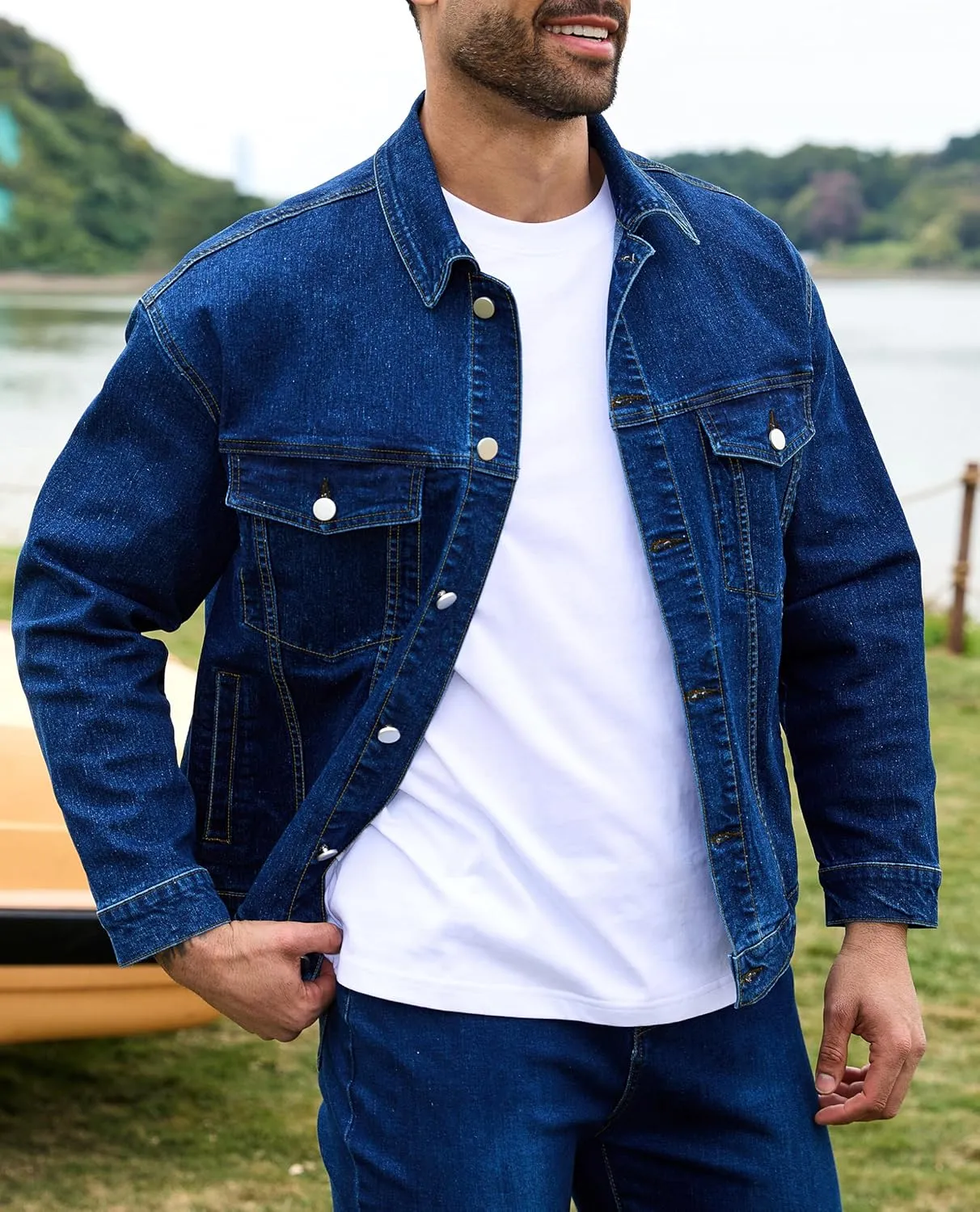 Bindefon Denim Jackets for Men Trucker Jean Jacket Unlined Coats Spring Fall Outfits