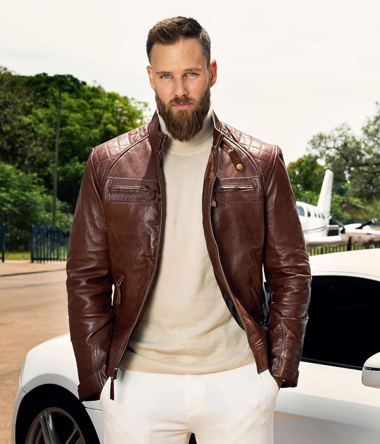Blingsoul Leather Jacket Men - Quilted Cafe Racer Leather Jackets For Men