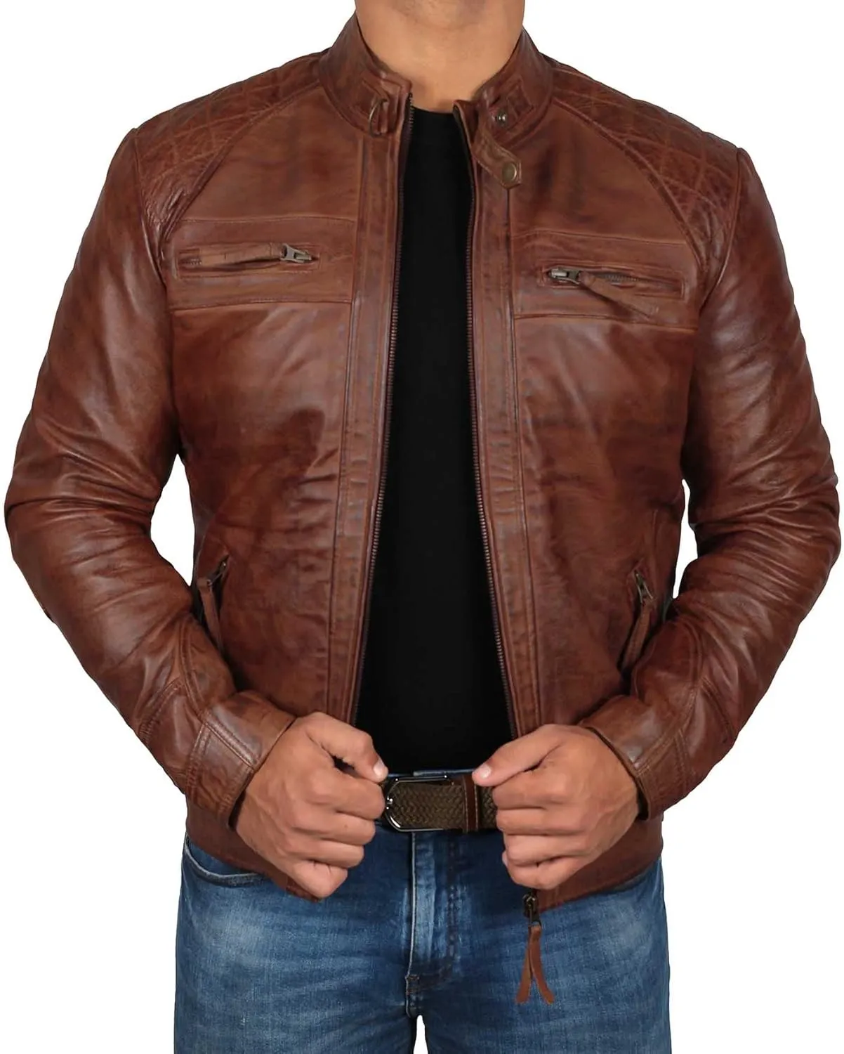 Blingsoul Leather Jacket Men - Quilted Cafe Racer Leather Jackets For Men