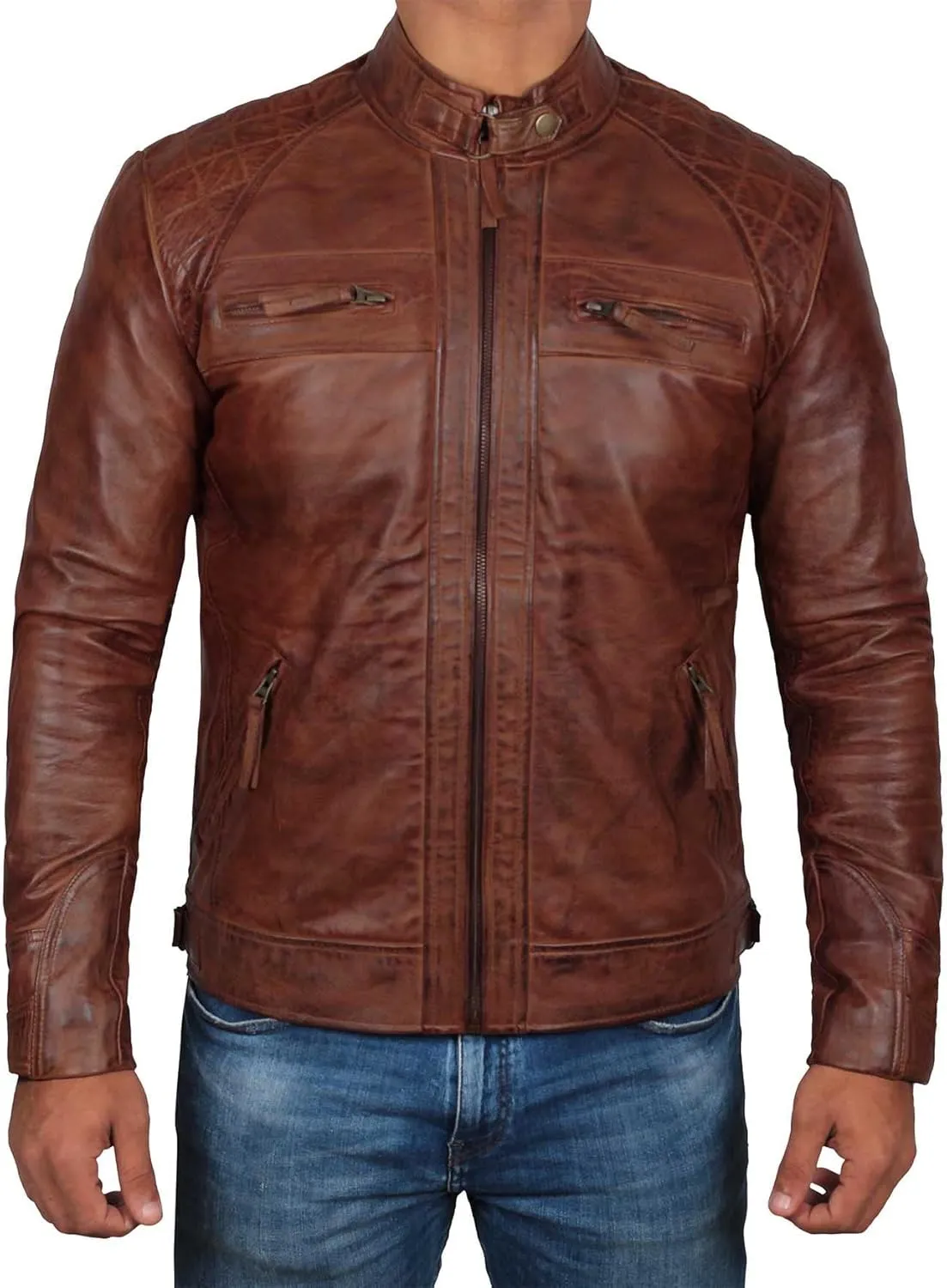 Blingsoul Leather Jacket Men - Quilted Cafe Racer Leather Jackets For Men