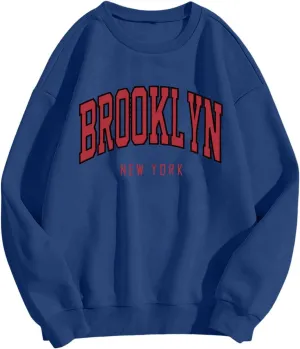 BROOKLYN Sweatshirts for Women Letter Print Crewneck Fleece Loose Fit Pullover Tops Fall Trendy Long Sleeve Tunic Blouse