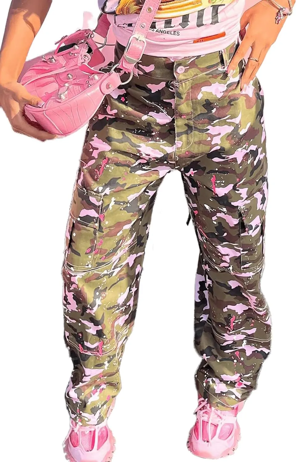 Camo Pants Women High Waist Baggy Wide Leg Camouflage Army Fatigue Jean Trousers Slim Fit Pockets Joggers Sweatpants