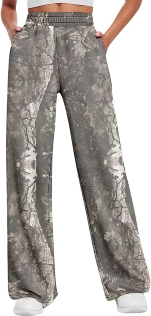 Camo Pants Womens Elastic Waisted Joggers Sweatpant Wide Leg Casual Baggy Sweatpants Camouflage Pant for Women