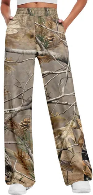 Camo Pants Womens Elastic Waisted Joggers Sweatpant Wide Leg Casual Baggy Sweatpants Camouflage Pant for Women