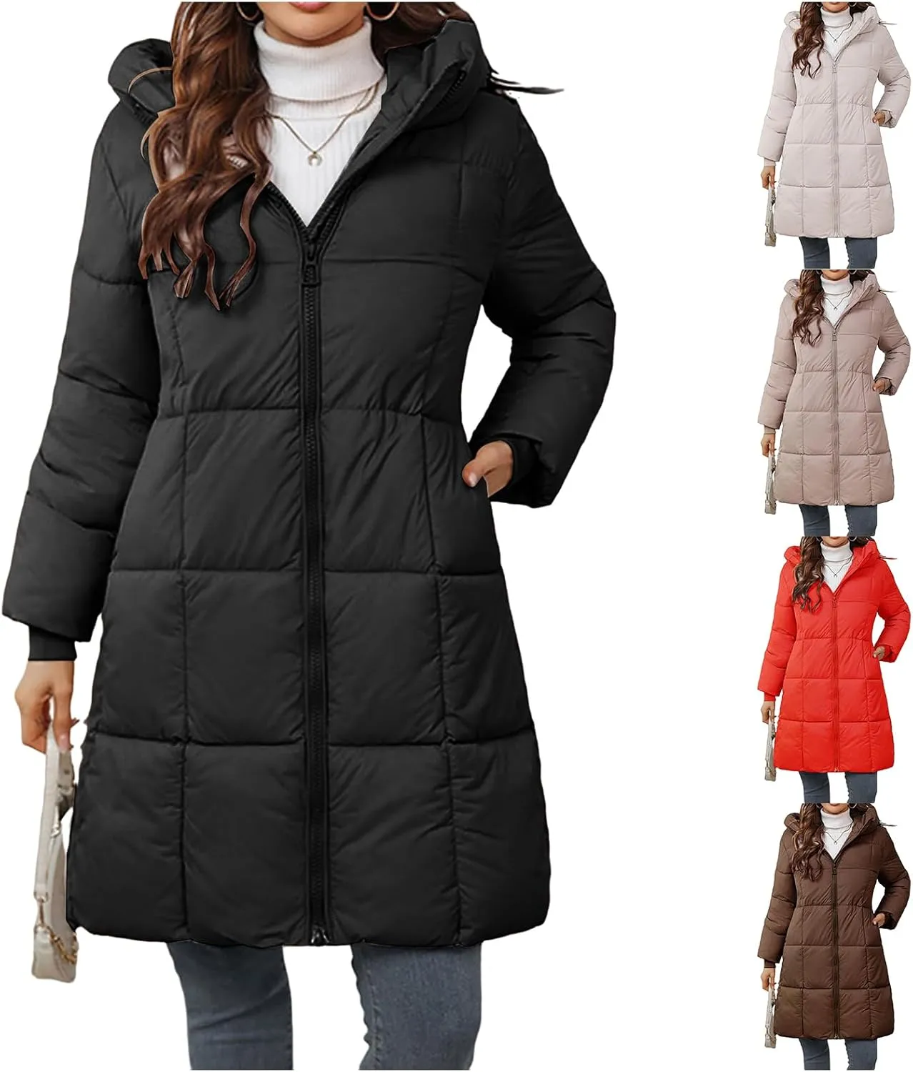 Canbebig Long Trench Coat for Women Quilted Puffer Jacket Zip Up Hooded Jacket Oversized Down Coat Winter Outwear with Pocket